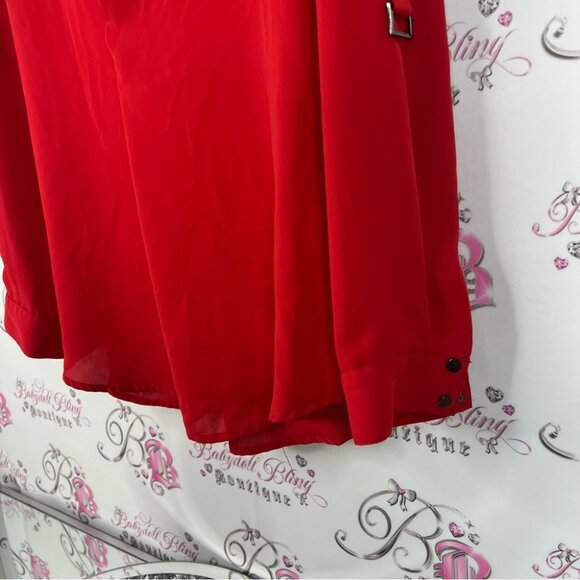 Adrianna Papell long sleeve bright Vibrant Red Blouse silver details buttons - Picture 3 of 9